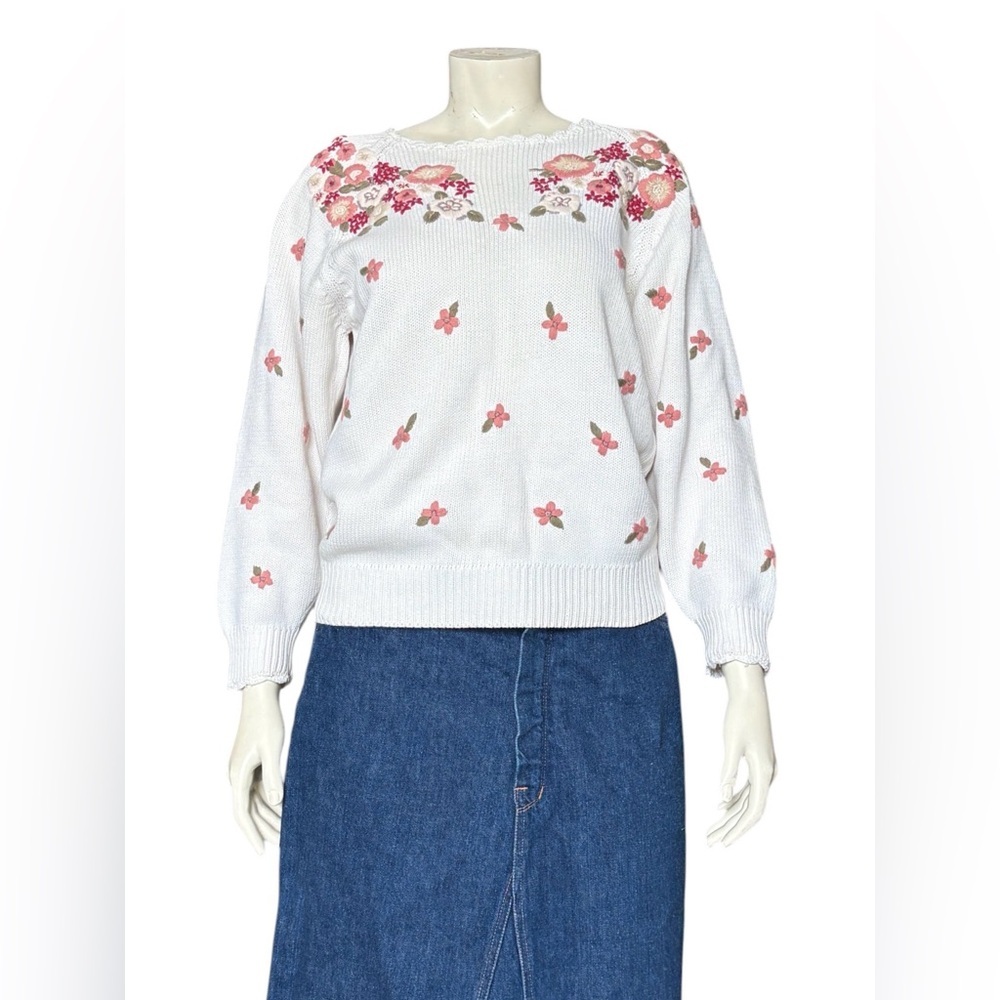 Vintage 80s Alison H Floral Embroidered Puff Sleeve Sweater Size Small Retro